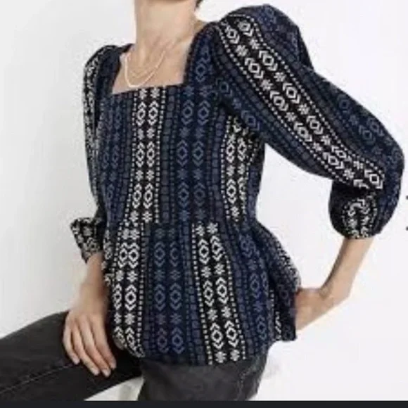 XL Madewell Blue and White Geometric Peplum Top - Picture 5 of 15